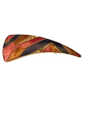 Vintage Geometric Enamel Brooch Gold Tone Red Orange Blue Rhinestone Wing Pin